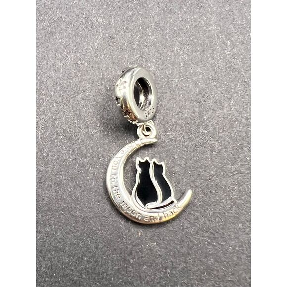 Sterling Silver Cubic Zirconia Black Cat I Love You To The Moon And Back Charm - Picture 2 of 6